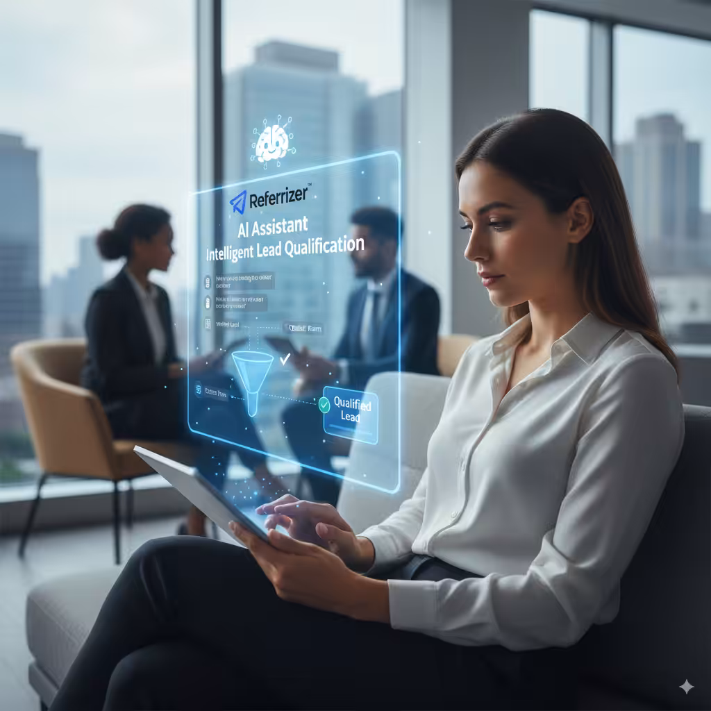 Focused woman uses a tablet displaying a holographic Referrizer AI Assistant dashboard for intelligent lead qualification.