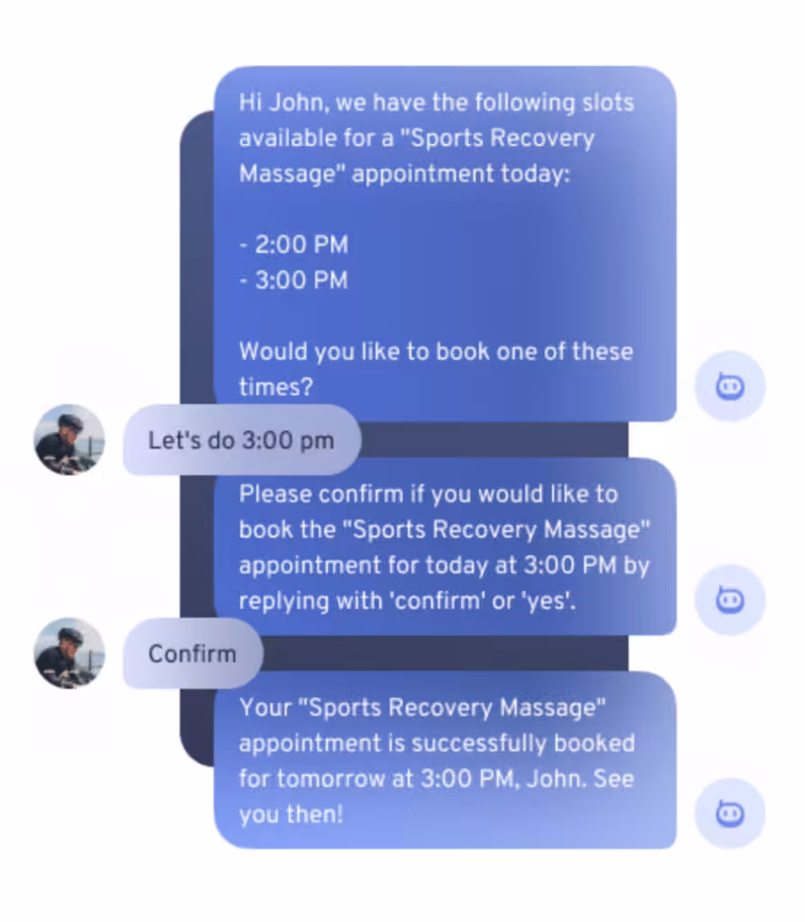 Mobile chat booking a Sports Recovery Massage. AI offers 2:00 PM/3:00 PM. User confirms 3:00 PM, the AI confirms the booking.