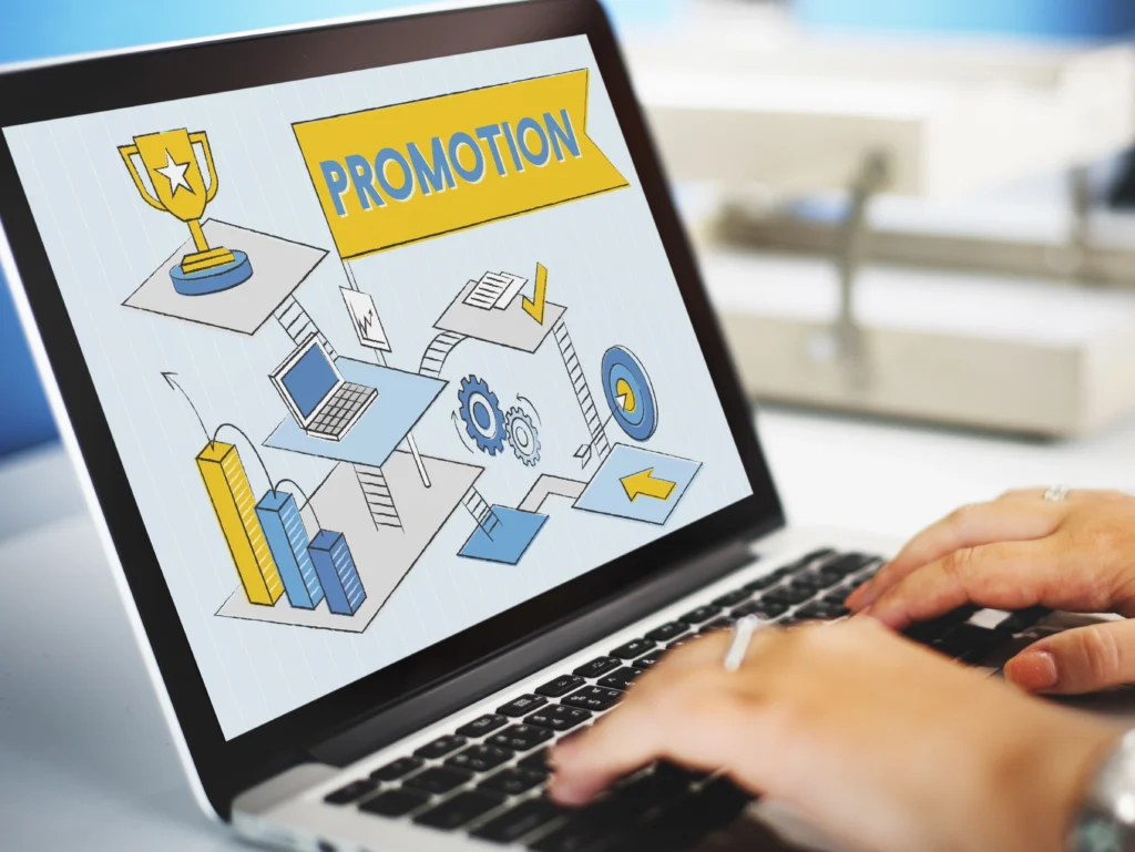 Laptop showing promotion strategy illustration