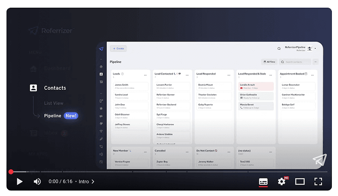 Dashboard screenshot with pipeline and contacts navigation.