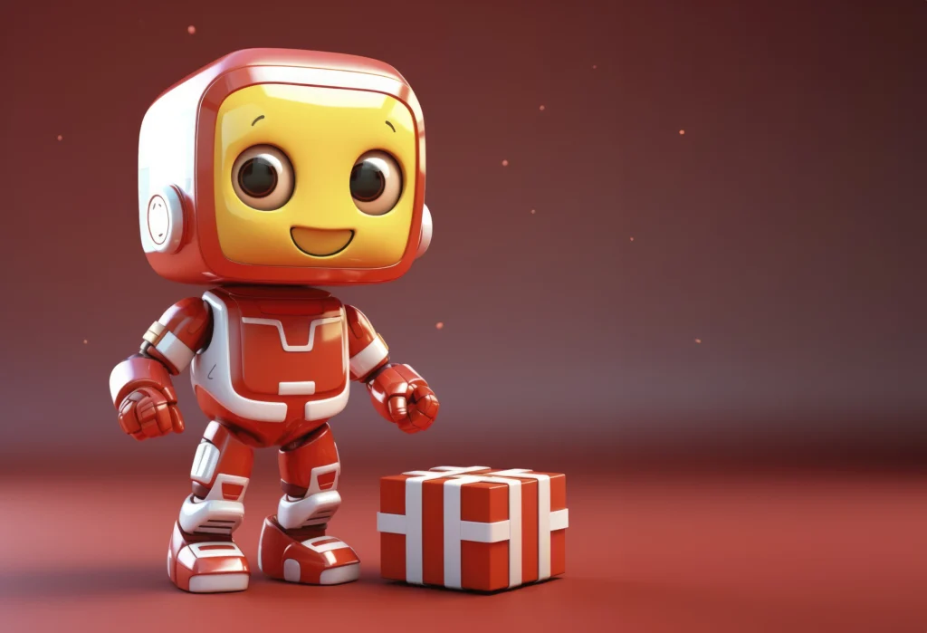 Smiling red robot with gift box