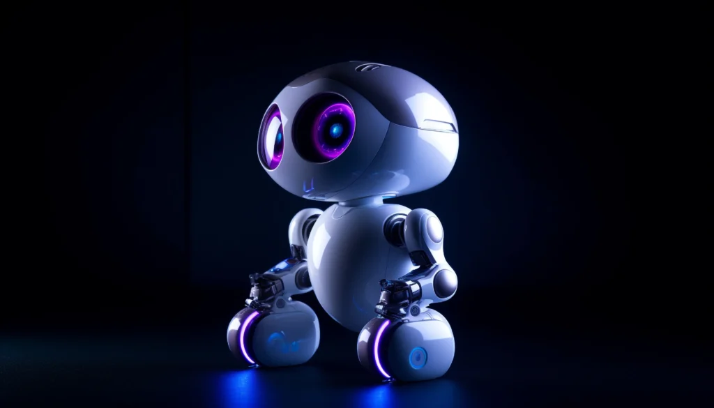 Futuristic robot with glowing purple eyes