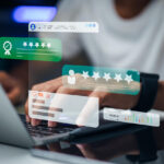 Person using laptop with customer rating and analytics overlays